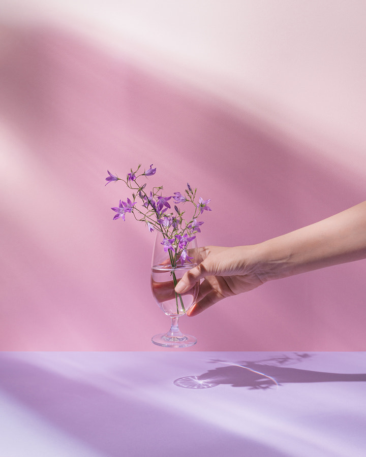 Verre à main avec liquide transparent et fleurs violettes. par Jelena Šijak sur 500px.com